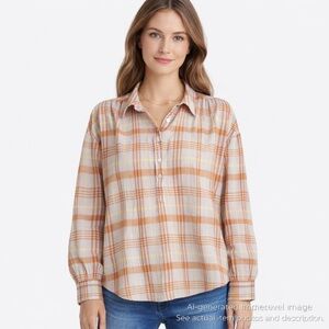 211. Faherty Plaid Button Henley Blouse Top Orange Yellow White M